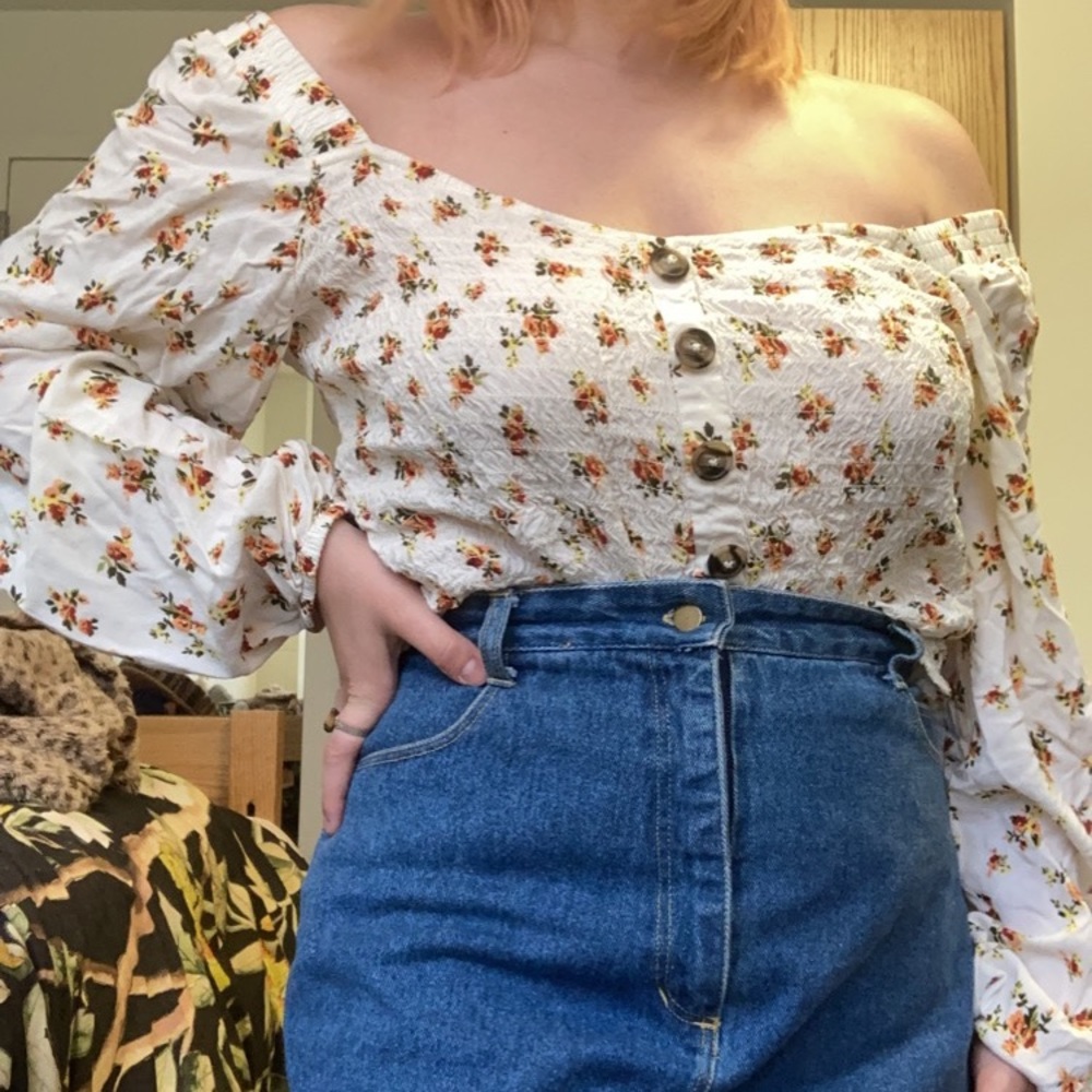 NO BO XXXL Floral Off Shoulder Boho Top w/ Buttons